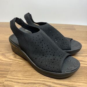 Bzees Womens Sicily Bright Black Slingback Sandals Size 11M Rhinestone Wedge